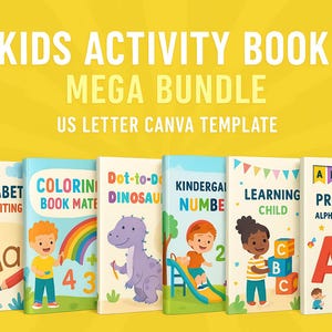 Può includere: Un set di sei libri di attività stampabili per bambini, con copertine colorate con illustrazioni di una giraffa, un arcobaleno, un dinosauro, uno scivolo, un bambino che tiene dei blocchi e un grande ABC. Le copertine includono titoli come "Alphabet Handwriting", "Coloring Book Mate", "Dot-to-Dot Dinosaurs", "Kindergarten Numbers", "Learning Child" e "Preschool Alphabet Workbook".