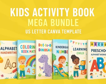 Könnte beinhalten: Ein Set aus sechs druckbaren Aktivitätsbüchern für Kinder mit bunten Covern, die Illustrationen einer Giraffe, eines Regenbogens, eines Dinosauriers, einer Rutsche, eines Kindes mit Blöcken und einem großen ABC zeigen. Die Cover tragen Titel wie "Alphabet Handwriting", "Coloring Book Mate", "Dot-to-Dot Dinosaurs", "Kindergarten Numbers", "Learning Child" und "Preschool Alphabet Workbook".
