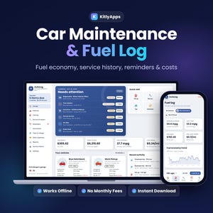 May include: A digital car maintenance and fuel log application displayed on a laptop screen and a smartphone. The interface features dark blue and white color schemes, showing vehicle service history, fuel economy, and cost tracking.