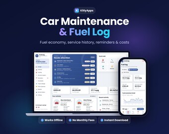 Car Maintenance Log, Fuel Tracker and MPG Log, Vehicle Service Record, Mileage Log, Oil Change Reminder App, Phone & Computer
