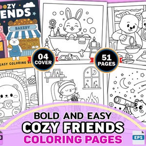May include: A set of 51 black and white colouring pages featuring cute animal friends in cosy settings. The cover features the title "Cozy Friends" and a bunny taking a bath.  The pages are designed for easy colouring and are perfect for children of all ages.