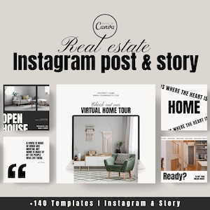 以下が含まれることがあります： 不動産業者向けのInstagram投稿とストーリーのテンプレート140個のセット。テンプレートは、黒と白のテキストと家の画像を使用した、モダンでミニマルなデザインを採用しています。「オープンハウス」、「バーチャルホームツアー」、「新築物件」などのフレーズが含まれています。
