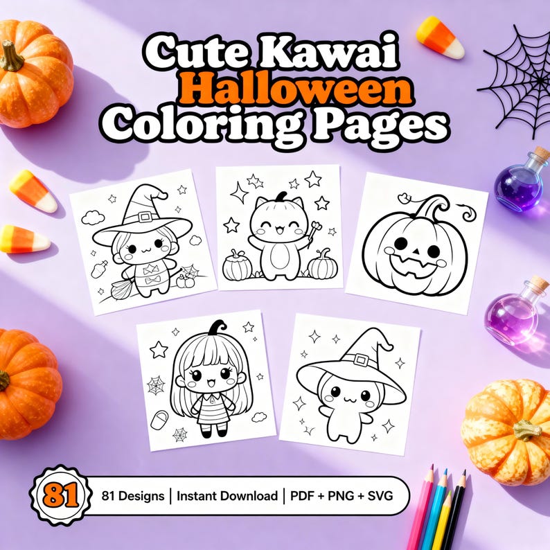 Kawaii Halloween Coloring Book for Kids – 81 Fun Pages (pdf, Png, Jpg ...