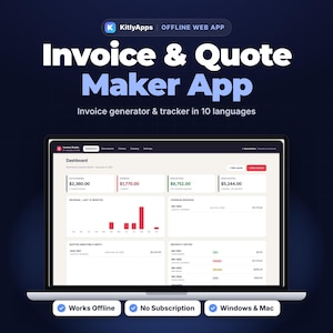 May include: A laptop screen displaying the KitlyApps Invoice & Quote Maker App dashboard with financial data, revenue charts, and invoice tracking. The interface includes text labels for an invoice generator and tracker available in 10 languages.
