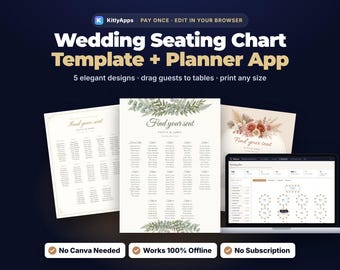 Vorlage für einen Sitzplan zur Hochzeit, kein Canva erforderlich, bearbeitbarer Sitzplan und Gästeliste, funktioniert offline, Tischnummern, Platzkarten