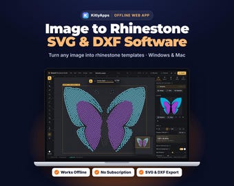 Könnte beinhalten: Eine Software-Oberfläche mit dem Titel Image to Rhinestone SVG & DXF Software, die ein Schmetterlingsdesign aus blauen und violetten Punkten auf einem Laptop-Bildschirm zeigt. Die Oberfläche enthält Werkzeugleisten und Exportoptionen.