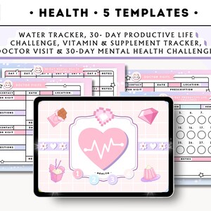 Puede incluir: Cinco plantillas de seguimiento de la salud imprimibles con un esquema de color rosa y blanco. Las plantillas incluyen un seguimiento del agua, un desaf&iacute;o de vida productiva de 30 d&iacute;as, un seguimiento de vitaminas y suplementos, un seguimiento de las visitas al m&eacute;dico y un desaf&iacute;o de salud mental de 30 d&iacute;as.