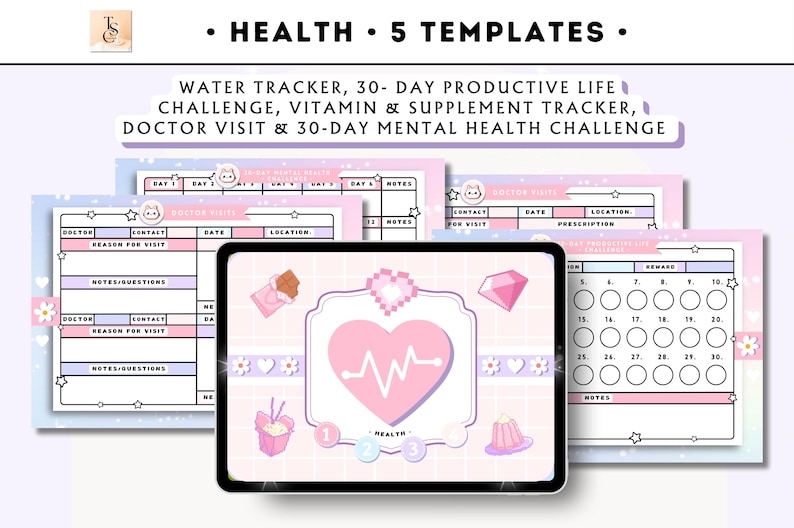 Puede incluir: Cinco plantillas de seguimiento de la salud imprimibles con un esquema de color rosa y blanco. Las plantillas incluyen un seguimiento del agua, un desaf&iacute;o de vida productiva de 30 d&iacute;as, un seguimiento de vitaminas y suplementos, un seguimiento de las visitas al m&eacute;dico y un desaf&iacute;o de salud mental de 30 d&iacute;as.