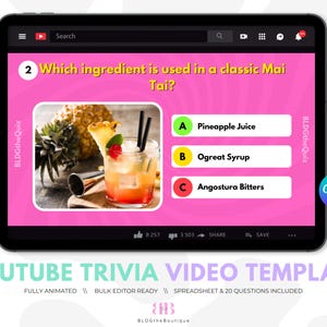 以下が含まれることがあります： ピンクと白のYouTubeビデオテンプレートで、「クラシックなマイタイにはどの材料が使われているか？」というテキストと、パイナップルジュース、オグレートシロップ、アンゴスチュラビターズの3つの選択肢が表示されています。このテンプレートは、クイズゲーム用に設計されており、いいねとダメのアイコン、共有と保存のボタンが含まれています。