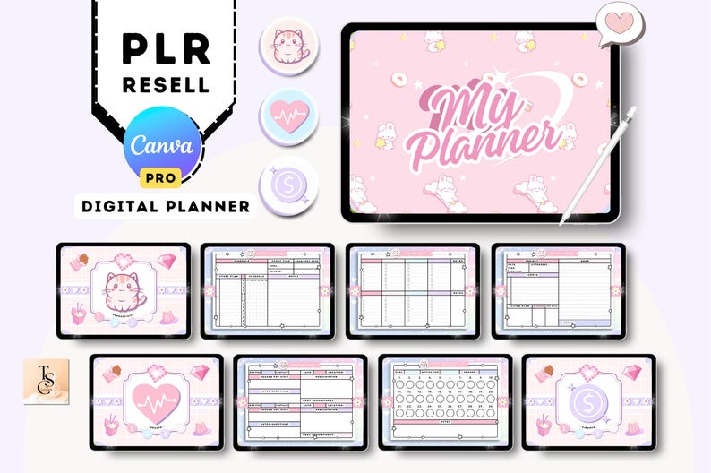 Puede incluir: Un planificador digital rosa y blanco con el texto "My Planner" en una fuente rosa y blanca. El planificador incluye p&aacute;ginas para la planificaci&oacute;n diaria, semanal y mensual, as&iacute; como p&aacute;ginas para el establecimiento de objetivos, el seguimiento de h&aacute;bitos y mucho m&aacute;s. El planificador est&aacute; dise&ntilde;ado para su uso con Canva Pro.