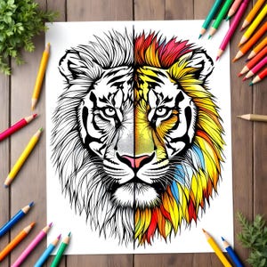May include: A black and white line drawing of a tiger's head with half of the mane colored in a vibrant orange, yellow, and blue.