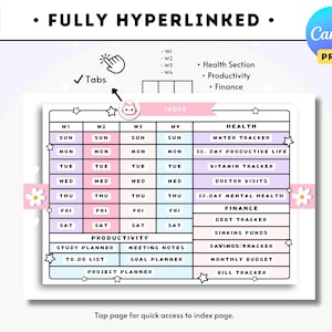 Puede incluir: Un planificador semanal imprimible con un esquema de color rosa pastel y azul. El planificador incluye secciones para salud, productividad y finanzas. El planificador est&aacute; completamente hipervinculado e incluye pesta&ntilde;as para una f&aacute;cil navegaci&oacute;n.