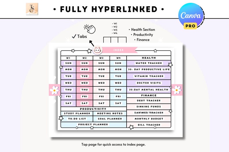Puede incluir: Un planificador semanal imprimible con un esquema de color rosa pastel y azul. El planificador incluye secciones para salud, productividad y finanzas. El planificador est&aacute; completamente hipervinculado e incluye pesta&ntilde;as para una f&aacute;cil navegaci&oacute;n.