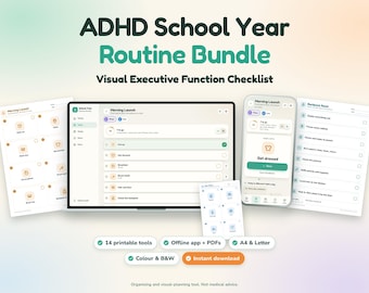 ADHS-Schuljahresroutine-Paket | Checkliste für visuelle Exekutivfunktionen | Druckversion + Offline-App | Morgenroutine, Hausaufgaben, Rucksackroutine, Schlafenszeit