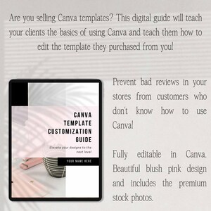 Puede incluir: Una gu&iacute;a digital en una tableta, titulada "CANVA TEMPLATE CUSTOMIZATION GUIDE". La gu&iacute;a, con un dise&ntilde;o rosa rubor, ense&ntilde;a a los clientes los conceptos b&aacute;sicos de Canva y c&oacute;mo editar plantillas. Incluye fotos de archivo premium y es totalmente editable en Canva.