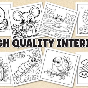 Puede incluir: Una colecci&oacute;n de ilustraciones en blanco y negro de animales y escenas de la naturaleza, incluyendo un pato, un rat&oacute;n, una rana, un girasol, un erizo, una oruga, un p&aacute;jaro y un arco&iacute;ris. El texto "HIGH QUALITY INTERIOR" est&aacute; presente.