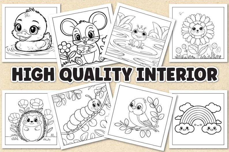 Puede incluir: Una colecci&oacute;n de ilustraciones en blanco y negro de animales y escenas de la naturaleza, incluyendo un pato, un rat&oacute;n, una rana, un girasol, un erizo, una oruga, un p&aacute;jaro y un arco&iacute;ris. El texto "HIGH QUALITY INTERIOR" est&aacute; presente.
