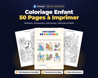 Coloriage Enfant 50 Pages à Imprimer PDF, Animaux, Dinosaures, Princesses & Noël, Carnet de Coloriage A4, Activité Enfant Maison