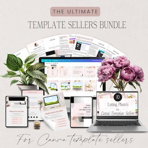 Puede incluir: Un paquete de marketing digital para vendedores de plantillas, con un port&aacute;til, una tableta y un smartphone que muestran varias plantillas y gu&iacute;as. La imagen incluye una planta, flores y el texto "THE ULTIMATE TEMPLATE SELLERS BUNDLE."