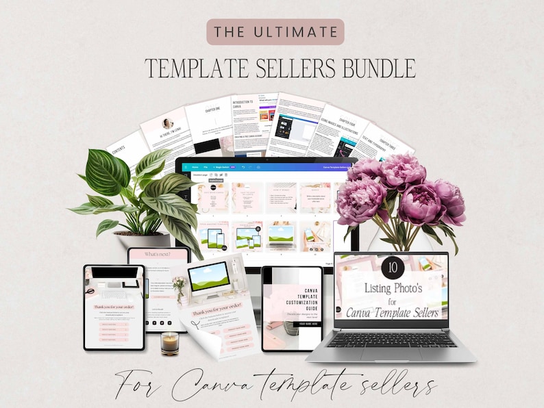Puede incluir: Un paquete de marketing digital para vendedores de plantillas, con un port&aacute;til, una tableta y un smartphone que muestran varias plantillas y gu&iacute;as. La imagen incluye una planta, flores y el texto "THE ULTIMATE TEMPLATE SELLERS BUNDLE."