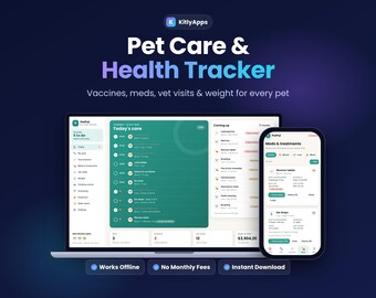 Pet Health Record Tracker, Pet Care App, Dog Cat Vaccination Log, Vet Visit and Medication Reminder, Weight Log, Phone & Computer