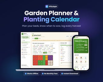 Garden Planner and Planting Calendar, Vegetable Garden Layout, Square Foot Garden, Seed Inventory, Harvest Log App, Phone & Computer