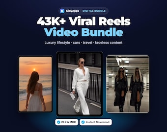 Puede incluir: Un paquete digital titulado 43K+ Viral Reels Video Bundle con contenido de estilo de vida de lujo, coches, viajes y contenido sin rostro. El gráfico muestra tres pantallas de tableta con una escena de playa al atardecer y personas.