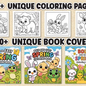 Puede incluir: Imagen que presenta p&aacute;ginas para colorear y portadas de libros. La secci&oacute;n superior muestra cuatro p&aacute;ginas para colorear en blanco y negro con una tortuga, un oso, un conejo y un ciervo. La secci&oacute;n inferior muestra tres portadas de "Bold and Easy Spring Coloring Book".