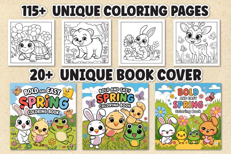 Puede incluir: Imagen que presenta p&aacute;ginas para colorear y portadas de libros. La secci&oacute;n superior muestra cuatro p&aacute;ginas para colorear en blanco y negro con una tortuga, un oso, un conejo y un ciervo. La secci&oacute;n inferior muestra tres portadas de "Bold and Easy Spring Coloring Book".