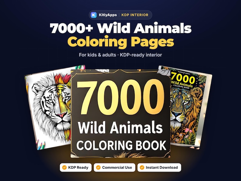 May include: A digital product display featuring 7000+ Wild Animals Coloring Pages with text overlays. The central graphic shows a black square with the text 7000 Wild Animals COLORING BOOK, flanked by two open coloring book pages showing lion illustrations.