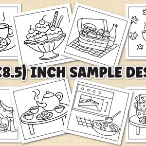 Puede incluir: Un conjunto de ocho p&aacute;ginas para colorear en blanco y negro que representan diferentes escenas, incluyendo una taza de caf&eacute;, un taz&oacute;n de helado, una canasta de picnic, una taza de t&eacute;, una tienda de campa&ntilde;a, una tetera, un horno y una pila de tazas. Cada p&aacute;gina mide 8,5 x 8,5 pulgadas.