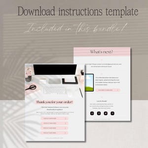 Puede incluir: Plantilla de descarga digital con instrucciones. La imagen muestra una configuraci&oacute;n de escritorio con una computadora, teclado y mouse, junto con dos p&aacute;ginas de maqueta con texto y acentos rosas. El texto incluye "Download instructions template" y "Thank you for your order!"
