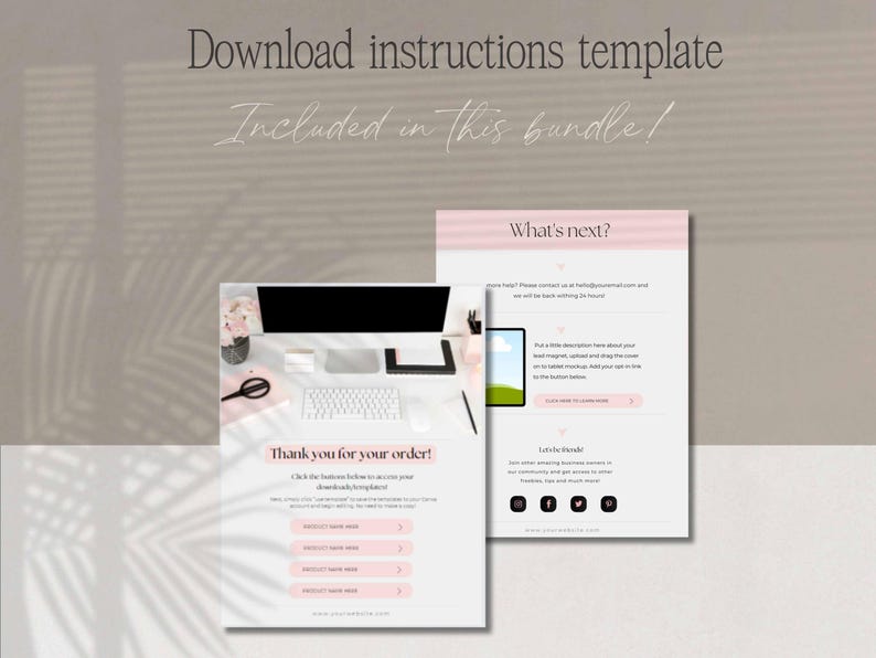 Puede incluir: Plantilla de descarga digital con instrucciones. La imagen muestra una configuraci&oacute;n de escritorio con una computadora, teclado y mouse, junto con dos p&aacute;ginas de maqueta con texto y acentos rosas. El texto incluye "Download instructions template" y "Thank you for your order!"