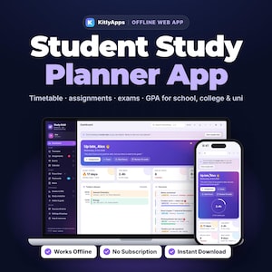 May include: A digital Student Study Planner App displayed on a laptop screen and a smartphone. The interface features a dark purple theme with white text, showing a dashboard with timetables, assignments, exams, and GPA tracking tools.