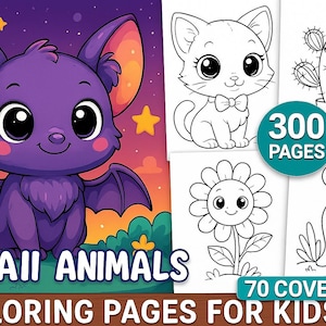 300 kawaii målarbilder för barn | KDP Interiör Volym 2 | Utskrivbar målarbok för barn | 8,5x11 | PNG JPG