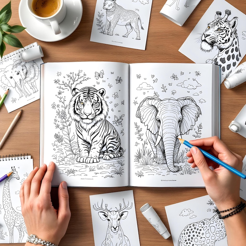 May include: An open coloring book with illustrations of a tiger, elephant, deer, and other animals. The book is on a wooden table with other coloring pages and art supplies.