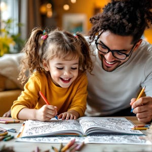 May include: A young girl and an adult man are coloring in a coloring book together. The girl is wearing a yellow shirt and has her hair in pigtails. The man is wearing a white shirt and has a beard. They are both smiling and seem to be enjoying themselves.