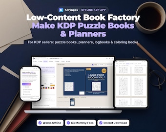 Low-Content Book Factory for KDP, Sudoku, Word Search & Crossword Puzzle Book Maker, Planner and Coloring Book Creator, Print-Ready PDF