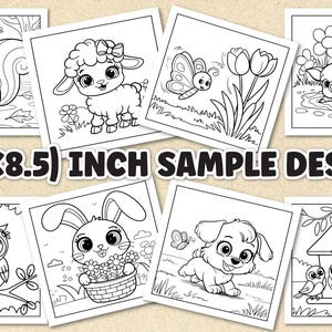 Puede incluir: Una colecci&oacute;n de ocho p&aacute;ginas para colorear en blanco y negro con animales lindos y escenas de la naturaleza. Las p&aacute;ginas incluyen una ardilla, un cordero, una mariposa, un cerdo, un b&uacute;ho, un conejo, un cachorro y p&aacute;jaros. Se muestra el texto "(8.5X8.5) INCH SAMPLE DESIGN".