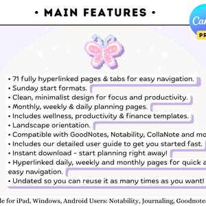 Puede incluir: Un gr&aacute;fico de mariposa rosa y morado sobre un fondo blanco con el texto "MAIN FEATURES" en negro. El texto debajo enumera las caracter&iacute;sticas de una agenda digital, que incluyen 71 p&aacute;ginas con hiperv&iacute;nculos, formatos de inicio de semana, dise&ntilde;o limpio y minimalista, p&aacute;ginas de planificaci&oacute;n mensual, semanal y diaria, plantillas de bienestar, productividad y finanzas, orientaci&oacute;n horizontal, compatibilidad con GoodNotes, Notability y CollaNote, una gu&iacute;a de usuario detallada, descarga instant&aacute;nea, p&aacute;ginas diarias, semanales y mensuales con hiperv&iacute;nculos y p&aacute;ginas sin fecha. El texto tambi&eacute;n incluye "Canva PRO" en un c&iacute;rculo morado con fondo blanco.