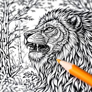 May include: A black and white line drawing of a lion's head with a fierce expression. The lion's mane is detailed and flowing. The drawing is on a white background.