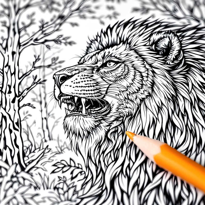 May include: A black and white line drawing of a lion's head with a fierce expression. The lion's mane is detailed and flowing. The drawing is on a white background.