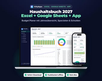 Haushaltsbuch 2027 Excel & Google Sheets, Budget Planer Deutsch, Offline App ohne Abo, Finanzplaner mit Sparzielen und Schuldenabbau