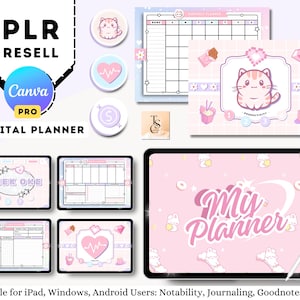 Puede incluir: Una plantilla de planificador digital con un esquema de color rosa y blanco. El planificador presenta un lindo gato de dibujos animados y el texto "My Planner". La plantilla es compatible con usuarios de iPad, Windows y Android.