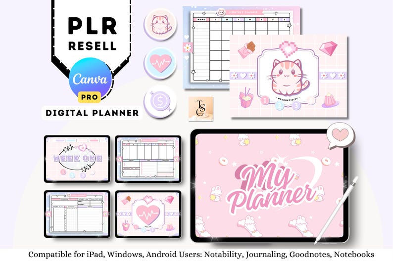 Puede incluir: Una plantilla de planificador digital con un esquema de color rosa y blanco. El planificador presenta un lindo gato de dibujos animados y el texto "My Planner". La plantilla es compatible con usuarios de iPad, Windows y Android.