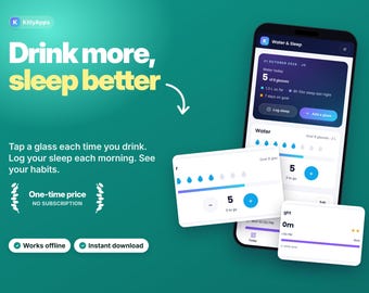 Water Tracker App, Sleep Tracker, Water Intake Log, Sleep Log, Daily Habit Tracker, Hydration Tracker, Wellness Planner, Offline