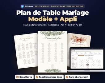 Plan de Table Mariage Modèle Modifiable, Sans Canva, Appli Plan de Table & Liste des Invités Hors Ligne, Numéro de Table, Marque Place