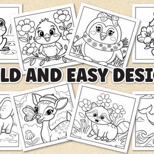 Puede incluir: Ilustraciones en blanco y negro de animales, incluyendo una rana, un p&aacute;jaro, un ping&uuml;ino, un panda, un elefante, un ciervo, un mapache y una ballena. El texto "BOLD AND EASY DESIGN" se muestra. P&aacute;ginas para colorear.