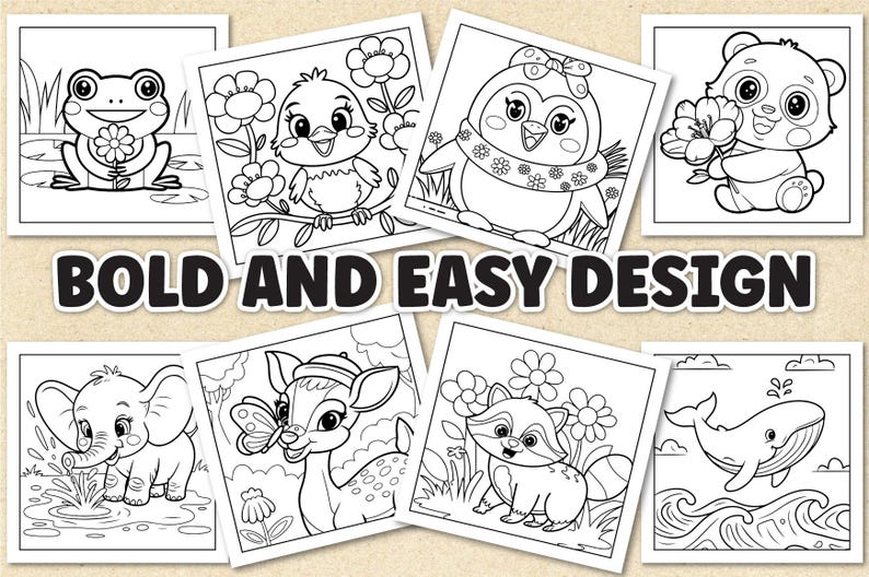 Puede incluir: Ilustraciones en blanco y negro de animales, incluyendo una rana, un p&aacute;jaro, un ping&uuml;ino, un panda, un elefante, un ciervo, un mapache y una ballena. El texto "BOLD AND EASY DESIGN" se muestra. P&aacute;ginas para colorear.