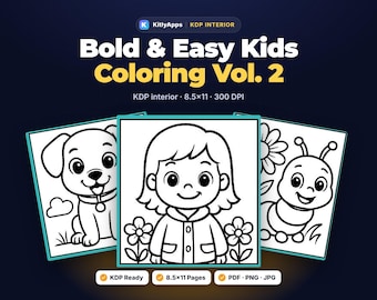 May include: A digital coloring book interior titled Bold & Easy Kids Coloring Vol. 2, featuring 8.5x11 inch pages. The display shows three black and white line art illustrations: a puppy, a child, and a caterpillar with a flower.